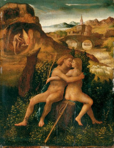 Venus und Mars in einer Flusslandschaft mit Vulkan, der in seiner Schmiede arbeitet, um 1500 von School Venetian