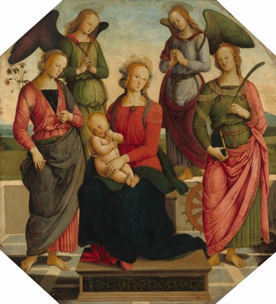 Madonna mit Kind und zwei Engeln, Heilige Rose und Heilige Katharina von Alexandria, frühes 16. Jahrhundert von School of Perugino