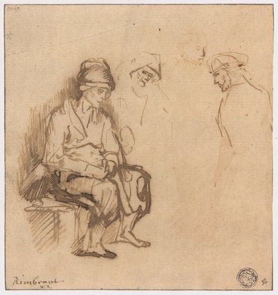 Frau auf Bank sitzend und drei Skizzen von Köpfen von School of Rembrandt van Rijn
