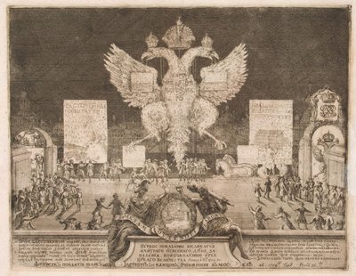 Feuerwerk in Moskau am 1. Januar 1704 anlässlich der Eroberung der schwedischen Festung Nyenskans, 1705 von Schoonebeek