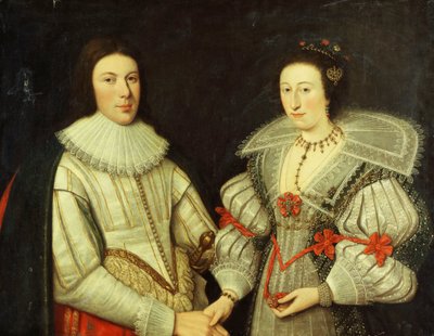 Gruppenporträt eines Gentlemans, Halbfigur, in einem weißen Wams und einer Halskrause, und seiner Frau, in einem weißen und grünen Kleid, fächerförmigem Kragen und Goldkette von Scottish School