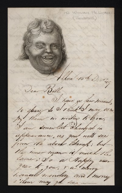 Brief auf Schreibpapier mit dem Gesicht eines lachenden Mannes von Scottish School