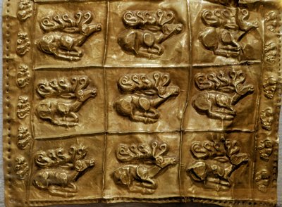 Skythische Kunst: Goldene Köcherabdeckung mit Tierdekor (Hirsche). Aus Tumulus Nr. 4 in Kelermes, Region Krasnodar, Kuban, Russland, 7. Jahrhundert v. Chr. von Scythian