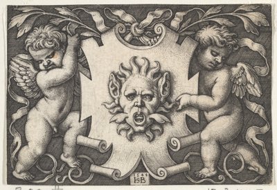 Eine Maske auf einem Wappenschild, unterstützt von zwei Genien, 1544 von Sebald Beham