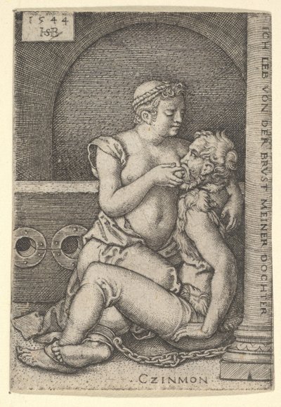 Cimon, der an einer Säule sitzt, wird von Pero, die neben ihm kniet, gestillt von Sebald Beham