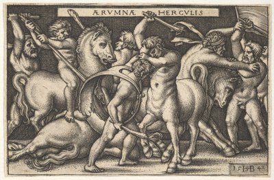 Herkules mit seiner Keule im Zentrum kämpft gegen einen Zentauren, andere Männer kämpfen gegen Zentauren links..., 1542 von Sebald Beham