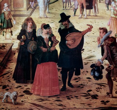 Landschaft mit Villa Medici in Rom, Italien. Detail elegante Spaziergänger und Musiker im Park - Gemälde von Sebastian Vrancx (1573-1647) 17. Jahrhundert Neapel, Museo Nazionale di Capodimonte von Sebastian Vrancx