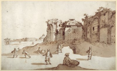 Junge Männer spielen Pelota in den Diokletiansthermen; S. Bernardino in der Ferne; die lange Mauer von Bellaiani von Sebastian Vrancx