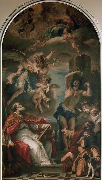 Die Jungfrau in Herrlichkeit mit Erzengel Gabriel, St. Eusebius, St. Sebastian und St. Rochus von Sebastiano Ricci