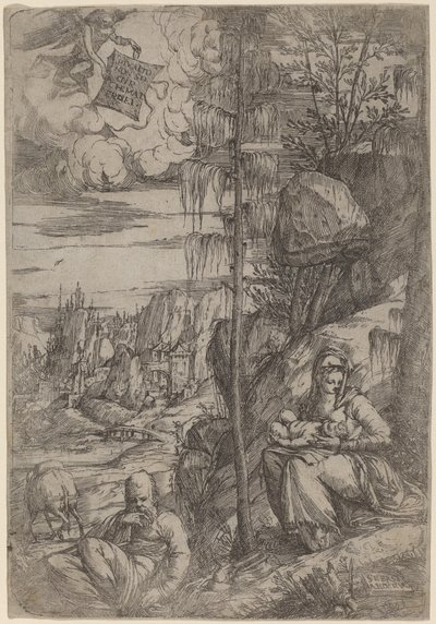 Landschaft mit Rast auf der Flucht nach Ägypten von Sebastiano de Valentinis