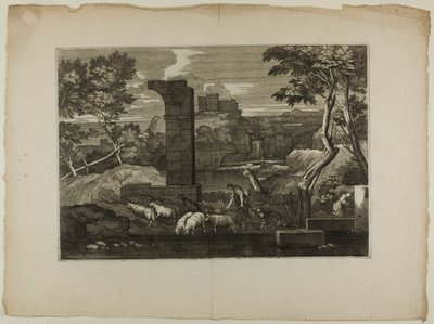 Landschaft mit einem Hirten und seiner Herde von Sébastien Bourdon