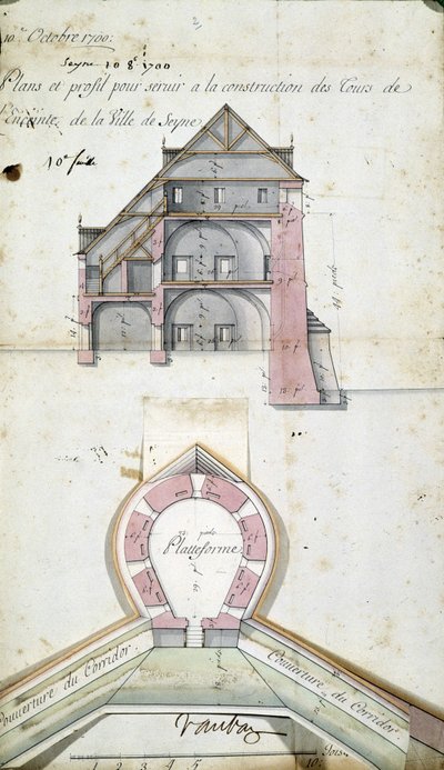 Plan und Schnitt der Türme der Stadt Seyne, von Vauban, 10. Oktober von Sebastien Le Prestre de Vauban