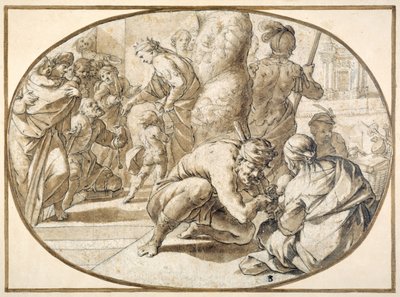 Eine Königin verteilt Almosen an einen verkrüppelten Bettler im Tempel von Jerusalem, frühes 17. Jahrhundert von Second School of Fontainebleau