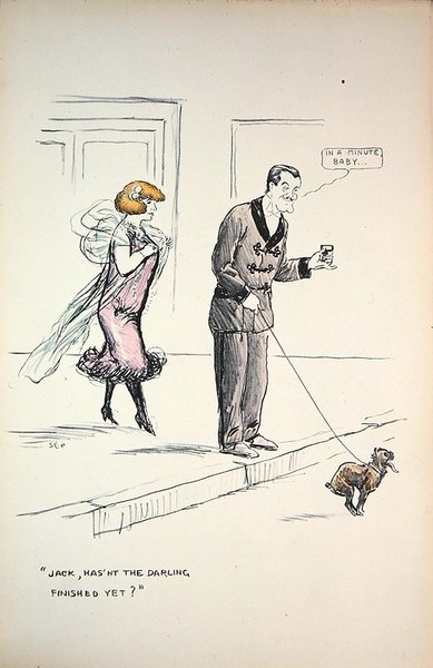 Paar wartet darauf, dass ein Hund sein Geschäft beendet, ca. 1921 von Sem
