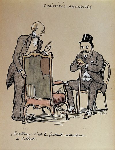 Reicher Kunstsammler inspiziert einen angeblich Colbert gehörenden Stuhl, ca. 1919 von Sem