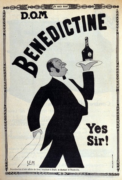 Werbung für den Digestif „Benedictine“. Ein Kaffeeboy trägt eine Flasche auf einem Tablett. Zeichnung von Sem (1873-1932). 1910 von Sem