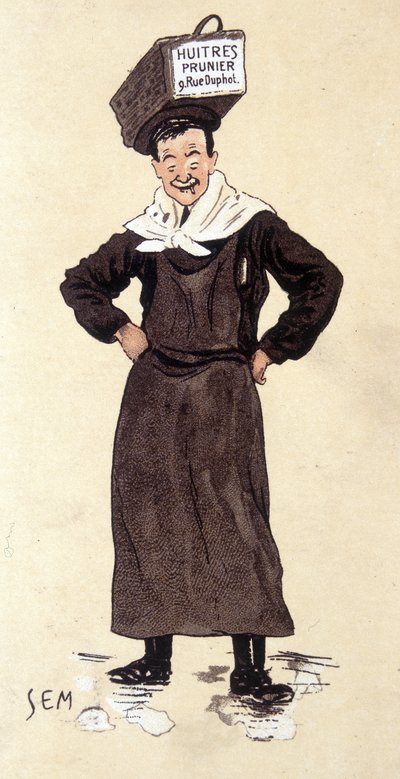 Austernverkäufer vom Geschäft Prunier. Chromolithographie signiert SEM (1863 - 1934) von Sem
