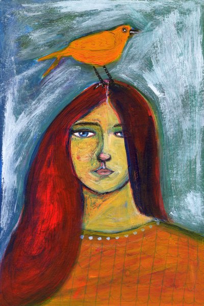 Frau und Oranger Vogel von Sharyn Bursic