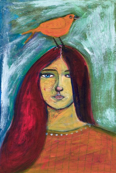 Frau mit Orangenem Vogel von Sharyn Bursic