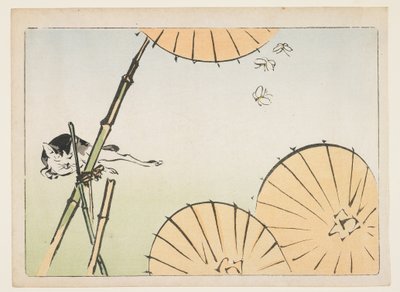(Bambus, Regenschirme, eine Katze und Schmetterlinge) von Shibata Zeshin