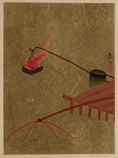 Feuerkorb, der von einem Dock über einem Fischernetz im Wasser hängt von Shibata Zeshin