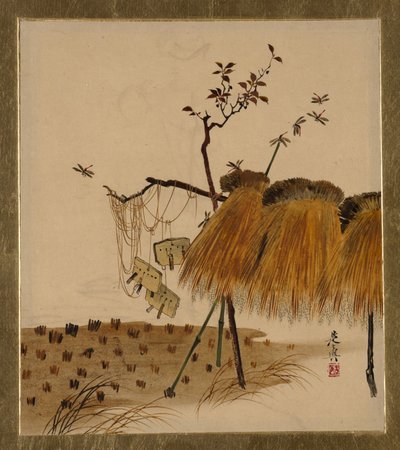 Lackmalereien verschiedener Motive: Reishaufen und Libellen, 1882 von Shibata Zeshin