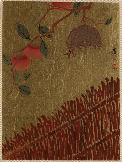 Kaki-Zweig und Wespennest über einer Hecke von Shibata Zeshin