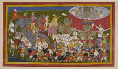 Ravana rüstet sich für die Schlacht in goldener Rüstung, begrüßt von Dienern von S?hibdin S?hibdin