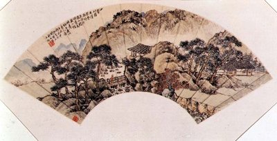 Kleine Brücke über fließenden Bach, Faltfächer montiert als Albumblatt, Chinesisch von Shih shu Fang