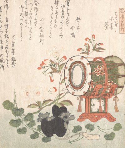 Aoi-Pflanze, Kirschblüten, Trommel und Eboshi-Hut, die das Aoi-Kapitel darstellen..., 19. Jahrhundert von Shinsai