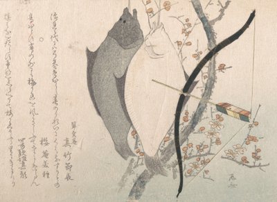 Heilbutte und ein Bogen mit Pfeil, der an einem Pflaumenbaum hängt, 19. Jahrhundert von Shinsai