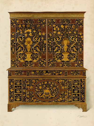 Kabinettschrank mit Marketerie eingelegt, Eigentum des Marquess of Exeter von Shirley Charles Llewellyn Slocombe