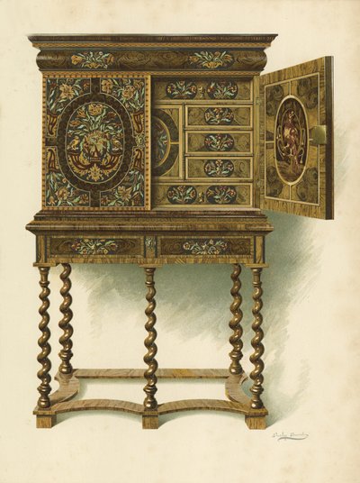 Walnusskabinett mit Marketerie eingelegt, Eigentum von The Hon Charlotte Maria Lady North und R Eden Dickson (Chromolitho) von Shirley Charles Llewellyn Slocombe