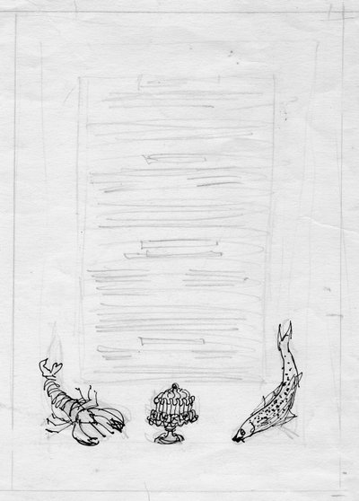 Hummer, Fisch und Kuchen, Menüdesign, ca. 1950 von Shirley Markham