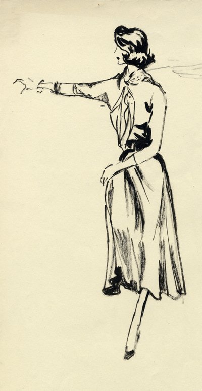 Frau im weiten Rock mit ausgestrecktem Arm, ca. 1950 von Shirley Markham