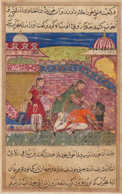 Seite aus den Geschichten eines Papageis Tuti-nama: Achte Nacht: Die betrügerische Frau wirft..., 1558-1560 von Shravana