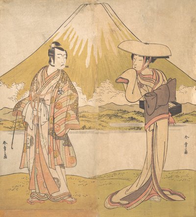 Der Schauspieler Bando Mitsugoro als Mann in prächtiger Kleidung, stehend auf einem Feld..., ca. 1778 von Shunsho