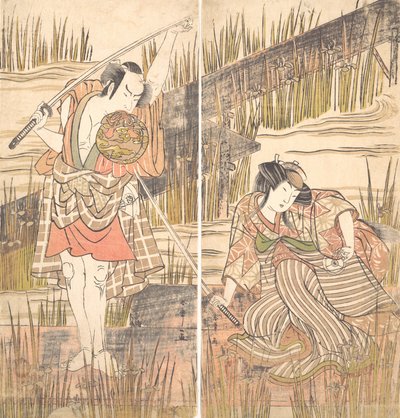 Der Schauspieler Onoye Matsusuke mit über dem Kopf gehaltenem Schwert von Shunsho