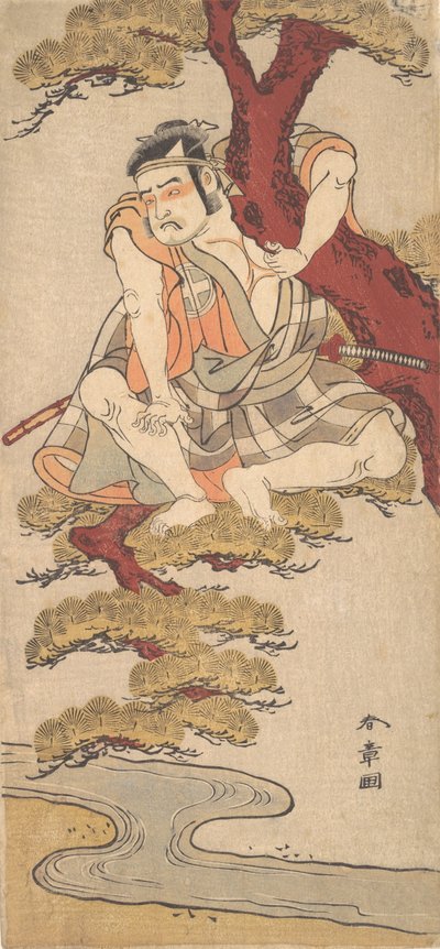 Der Schauspieler Otani Hiroemon III beobachtet von den Ästen einer Kiefer... von Shunsho