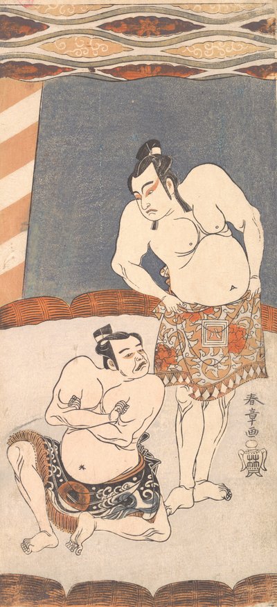 Der zweite Ichikawa Yaozo als Wrestler in einer Arena stehend von Shunsho