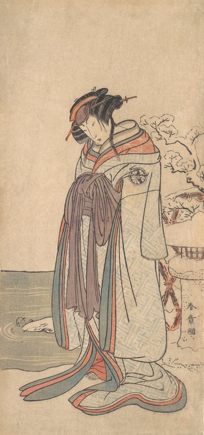 Der dritte Segawa Kikunojo als Kurtisane im Schnee stehend von Shunsho