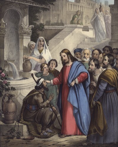 Jesus gibt einem Blindgeborenen das Augenlicht (Farblithografie) von Siegfried Detler Bendixen