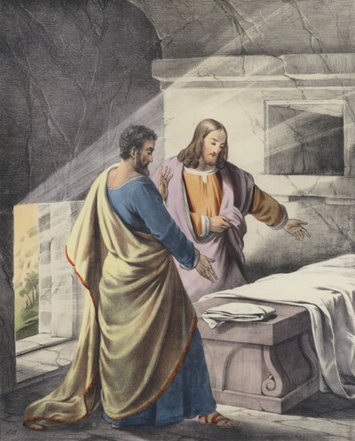 Petrus und Johannes am Grab, "Er ist auferstanden" (farbiger Stich) von Siegfried Detler Bendixen