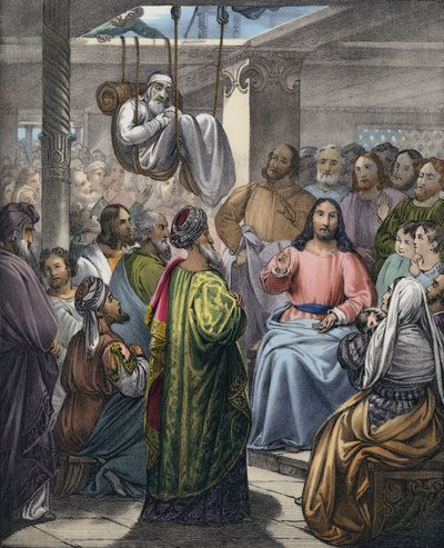 Die Lähmenden werden von ihren Freunden zu Christus gebracht (farbiger Stich) von Siegfried Detler Bendixen