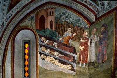 Begegnung der Toten mit den Lebenden (Detail). Fresko der Schule von Siena. 14. Jahrhundert. Kloster von San Benedetto (Sacro Speco), Treppenhaus, Subiaco (Rom), Italien von Sienese School