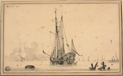 Hafenszene mit ruhenden Schiffen und Pfählen von Sieuwert van der Meulen