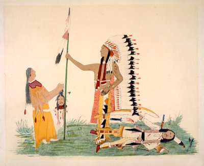 Comanche und seine Frau begegnen und kämpfen mit einem Ute, aus einer Serie legendärer Episoden, gemalt vom Künstler von Silver Horn