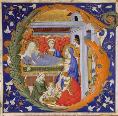 Manuskript-Illumination mit der Geburt der Jungfrau Maria in einem Initial G, aus einem Graduale, Italien, ca. 1 von Silvestro dei Gherarducci