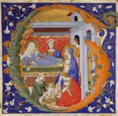 Manuskript-Illumination mit der Geburt der Jungfrau Maria in einem Initial G, aus einem Graduale, ca. 1375 von Silvestro dei Gherarducci