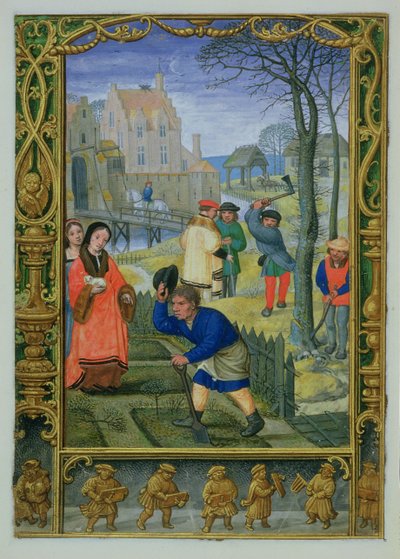 März: Gartenarbeit und Bäume fällen, aus einem Stundenbuch, oder dem Golfbuch, c.1520-30 von Simon (workshop of) Bening